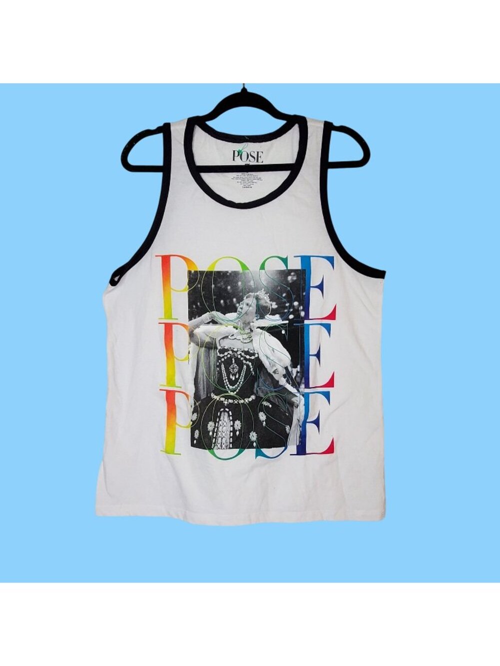 Pose FX White Tank Top With Rainbow Text & Black Trim Large LGBTQ+